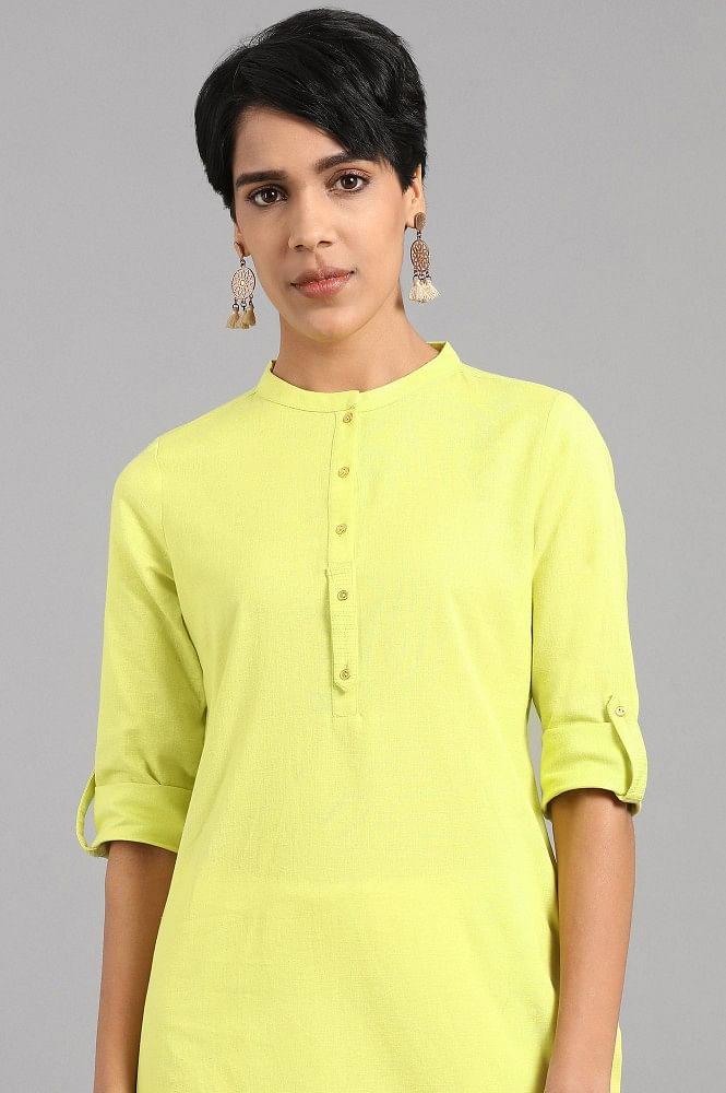 Lime Green Mandarin Neck Solid kurta - wforwoman