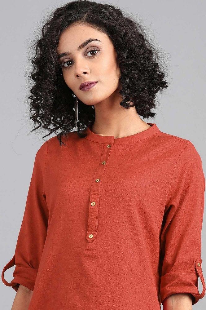 Red Mandarin Neck Solid kurta - wforwoman