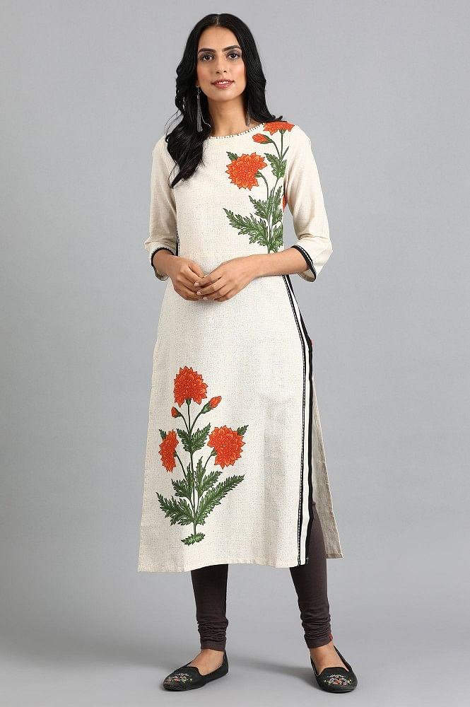 Beige Round Neck Printed kurta - wforwoman