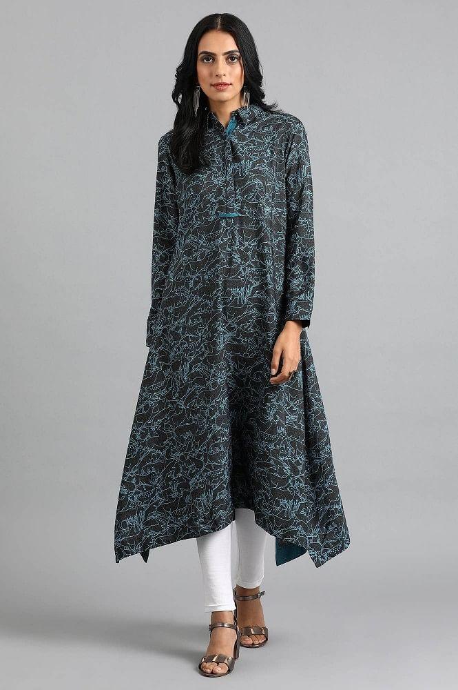 Black Collar Neck Printed kurta - wforwoman