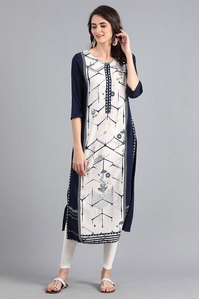 White Round Neck Printed kurta - wforwoman