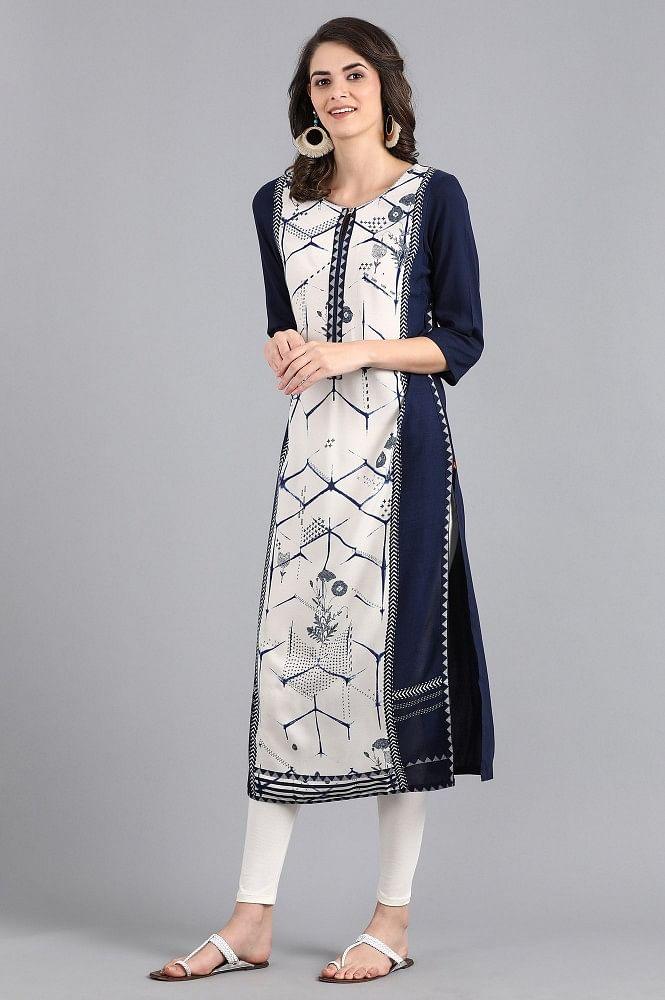 White Round Neck Printed kurta - wforwoman