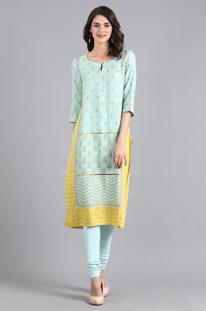 Blue Round Neck Printed kurta - wforwoman
