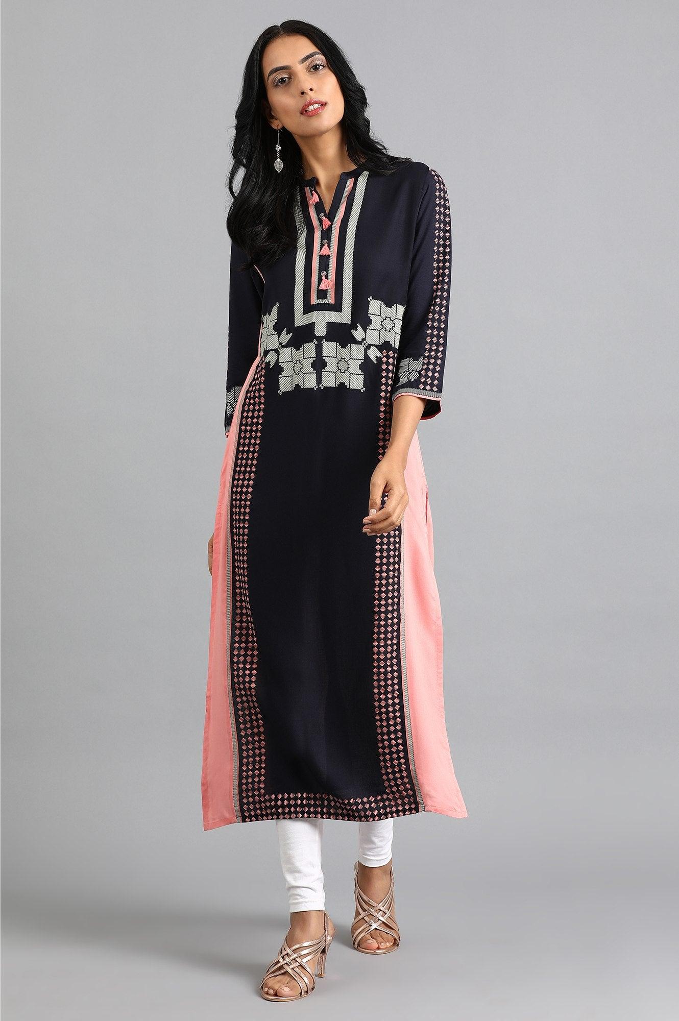 Blue Mandarin Neck Printed kurta - wforwoman