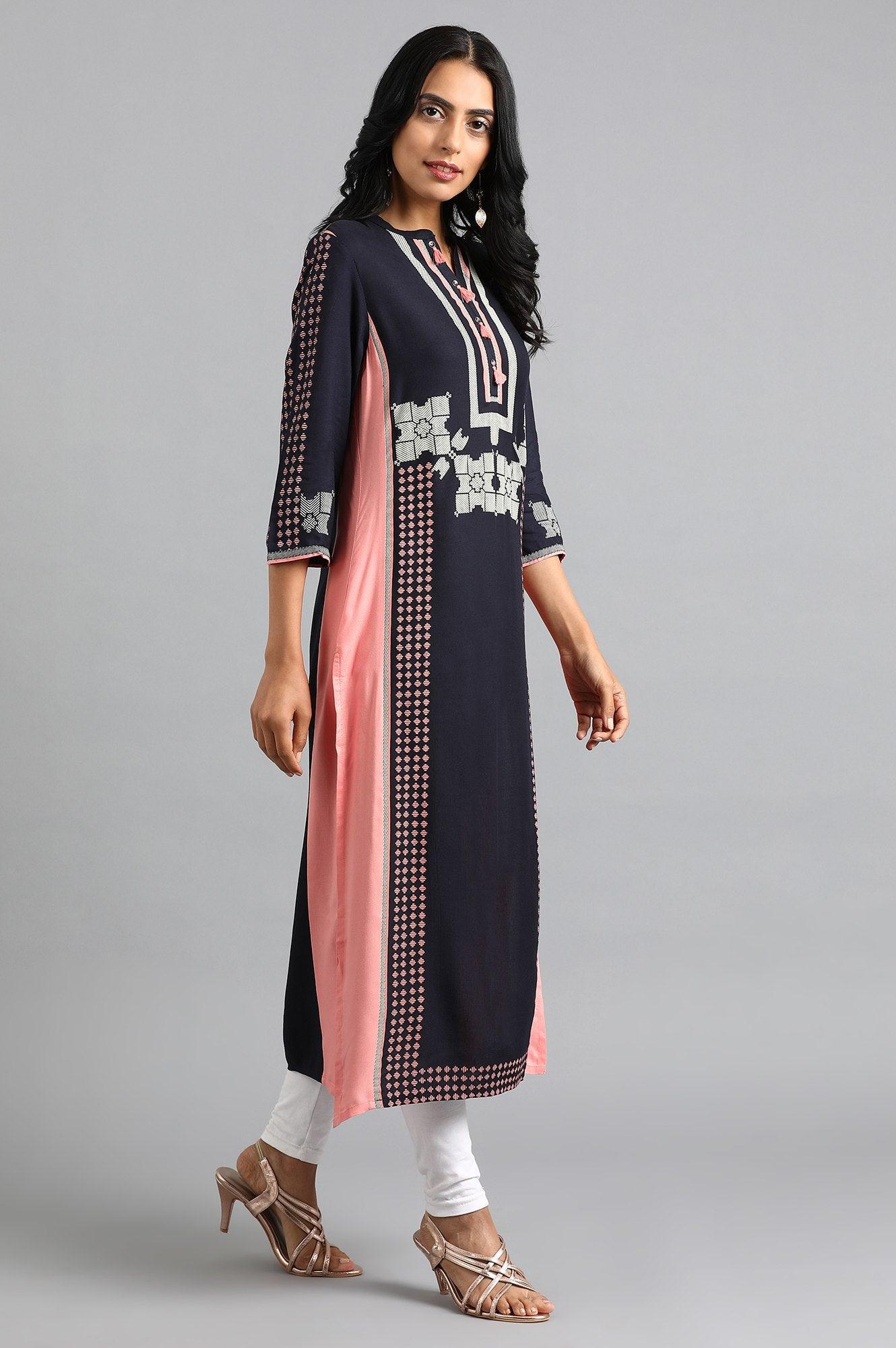 Blue Mandarin Neck Printed kurta - wforwoman