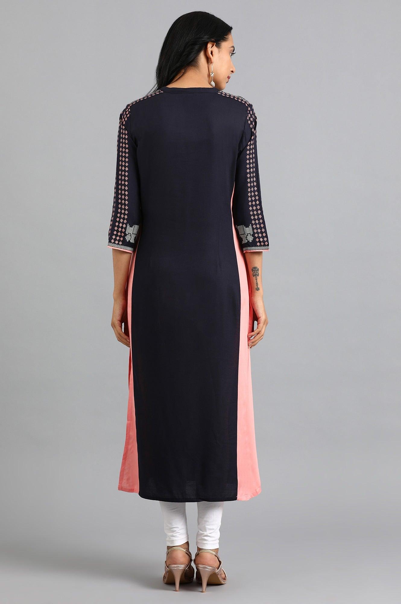 Blue Mandarin Neck Printed kurta - wforwoman