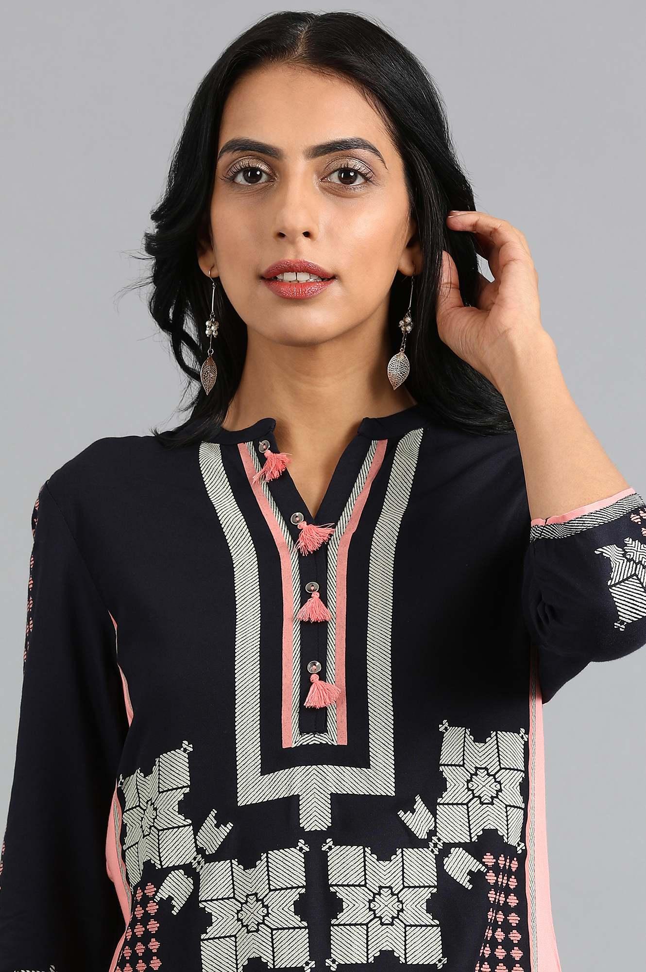 Blue Mandarin Neck Printed kurta - wforwoman