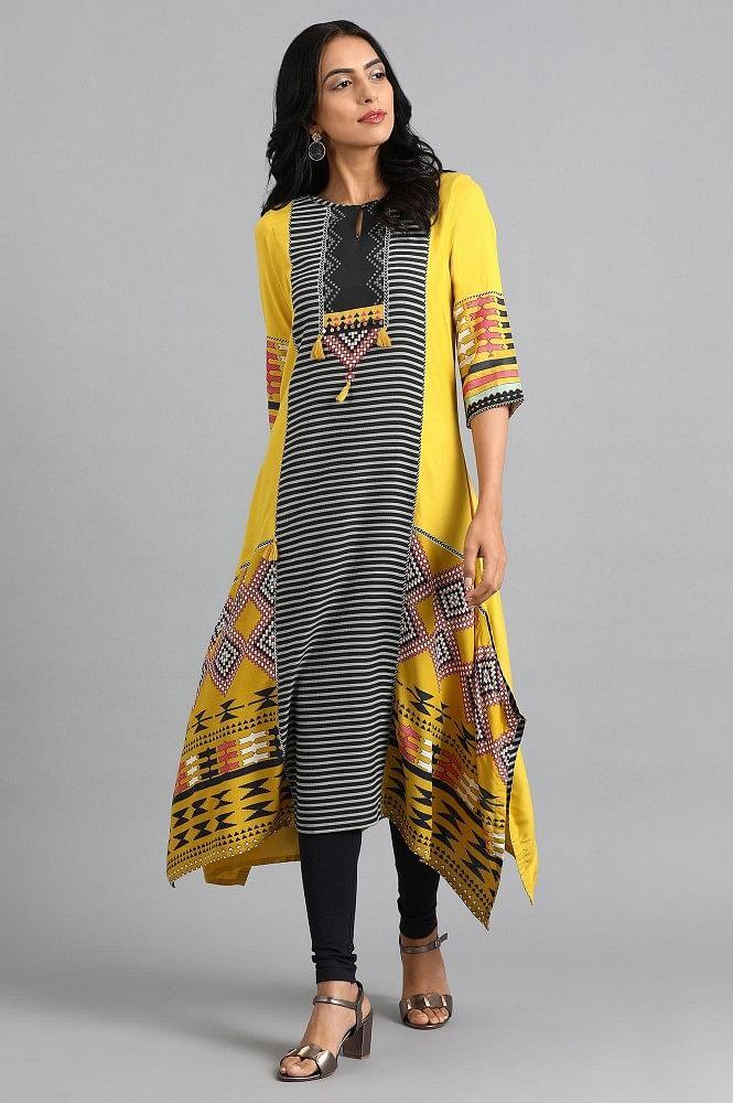 Yellow Round Neck Printed kurta - wforwoman