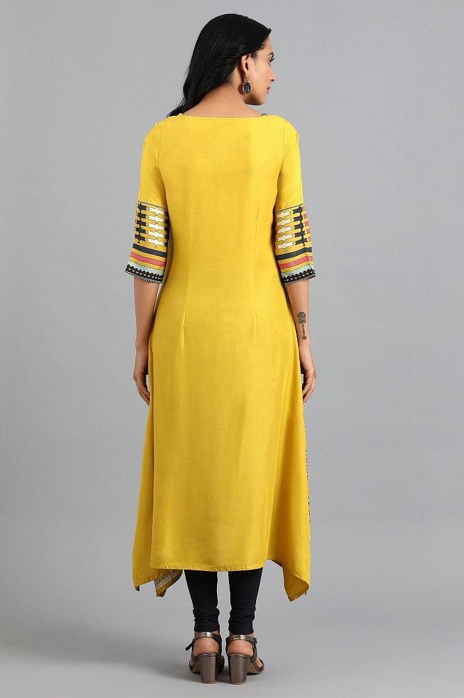 Yellow Round Neck Printed kurta - wforwoman