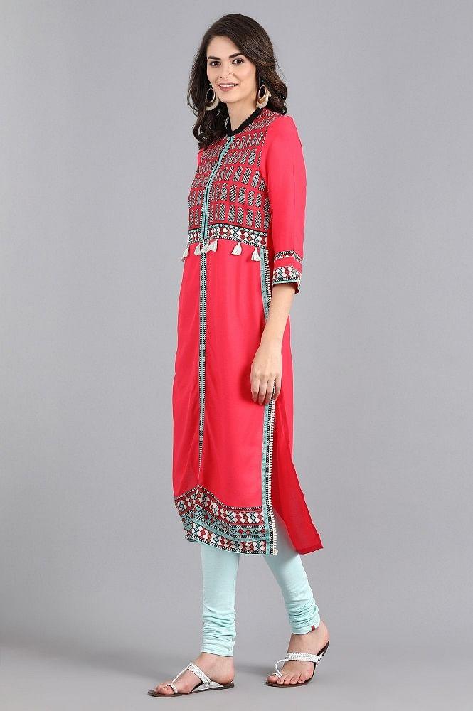 Pink Mandarin Neck Solid kurta - wforwoman