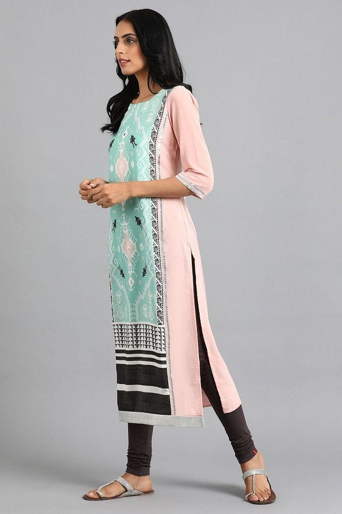 Green Round Neck Printed kurta - wforwoman
