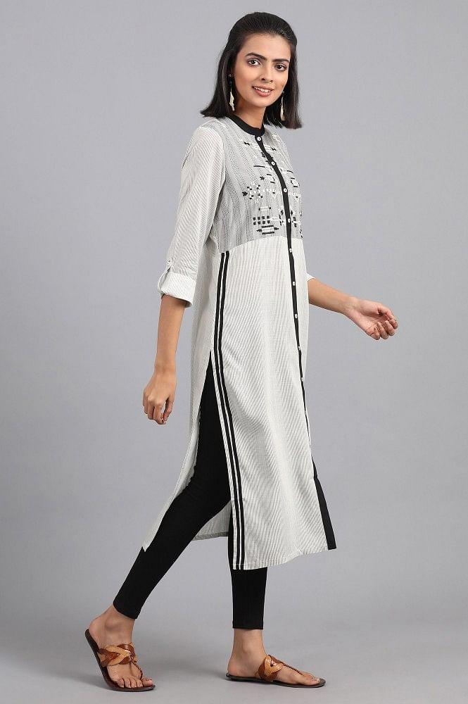 White Mandarin Neck Printed kurta - wforwoman