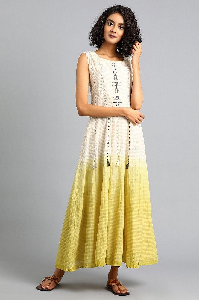 White & Yellow Round Neck Printed kurta - wforwoman