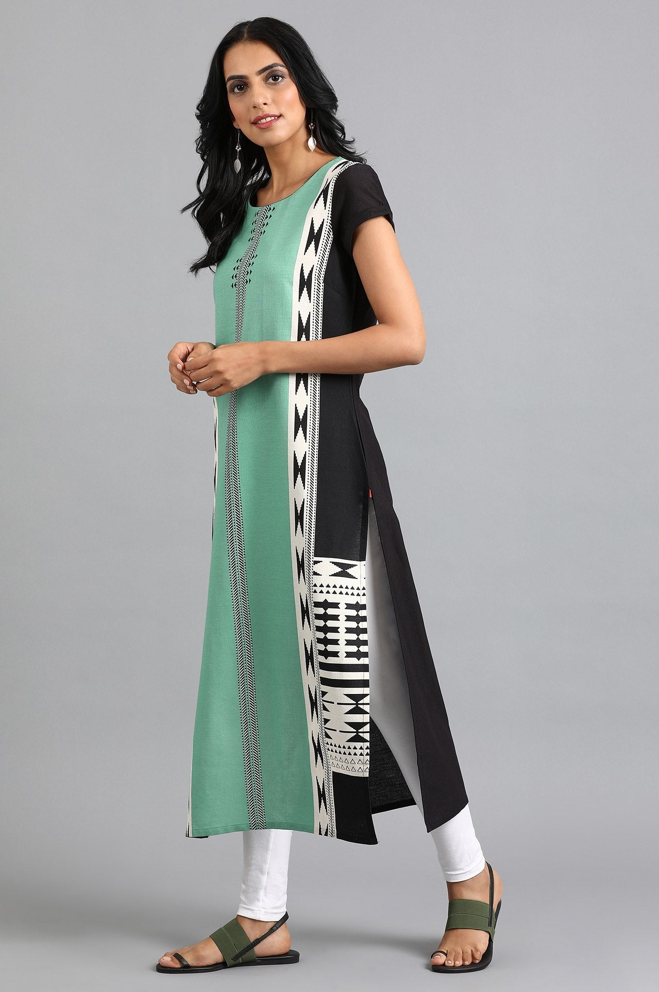 Green Round Neck Printed kurta