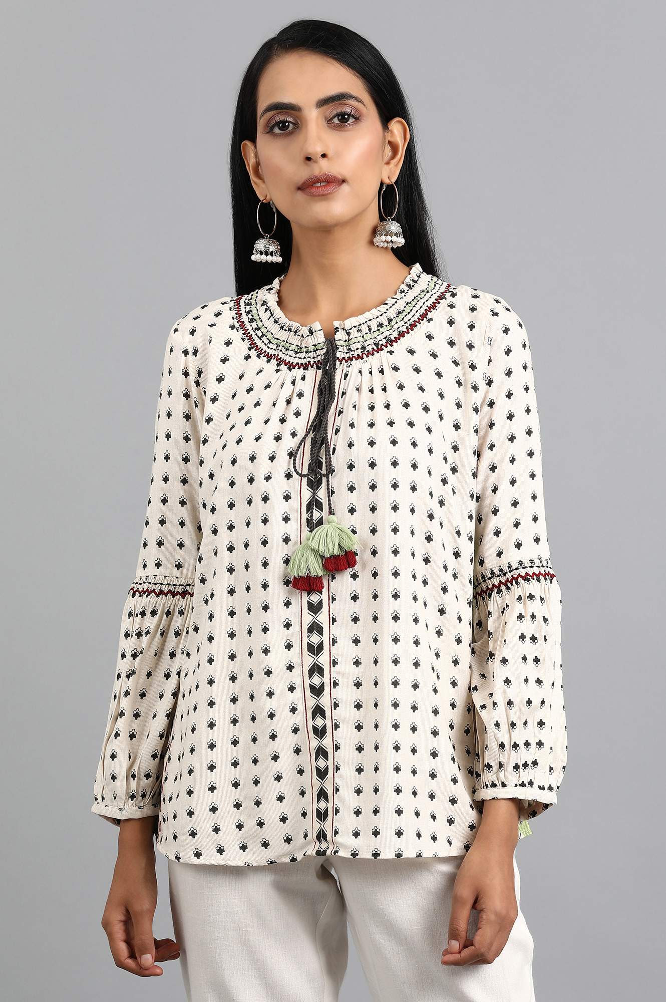 Off-White Round Neck Printed Top