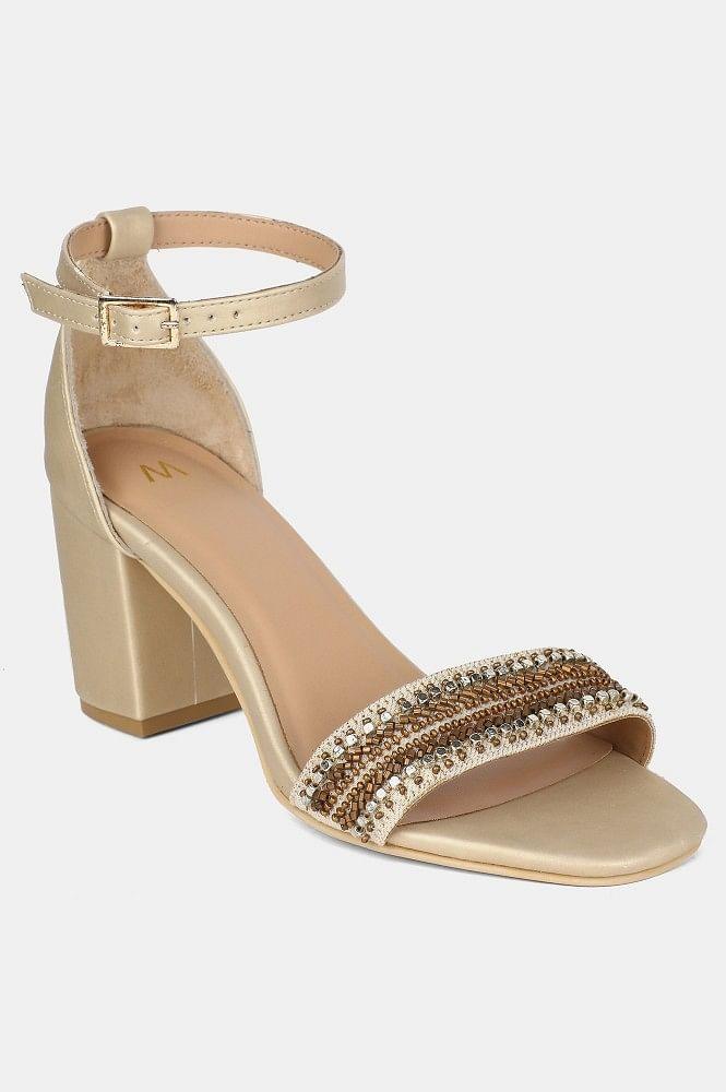 Gold Square Toe Embellished Block Heel - wforwoman