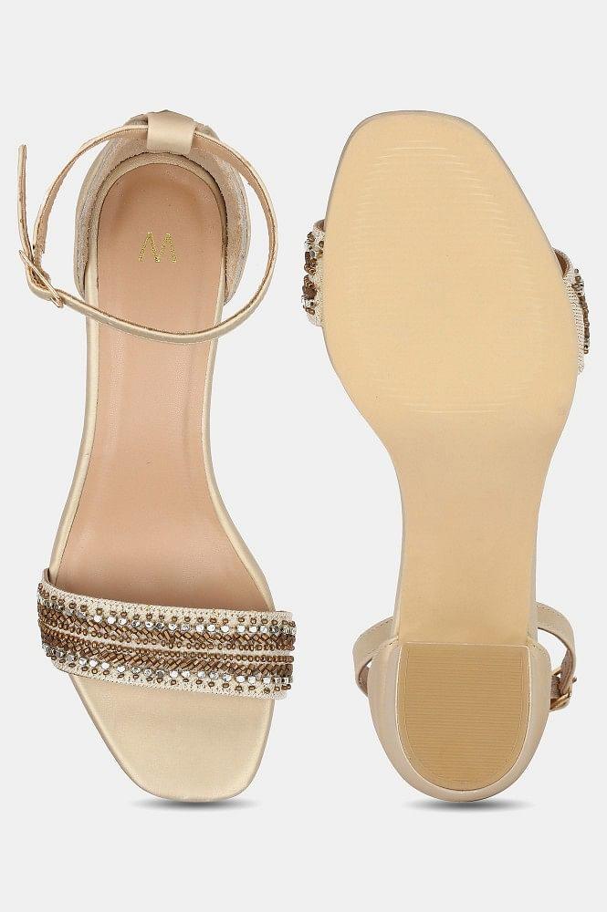 Gold Square Toe Embellished Block Heel - wforwoman