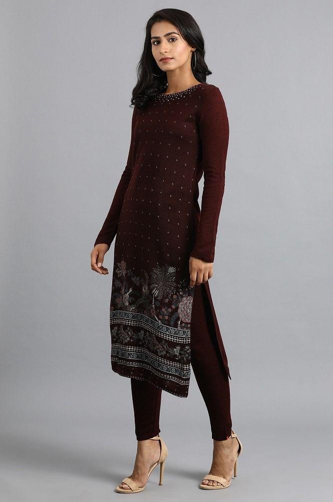 Maroon Round Neck Winter kurta - wforwoman