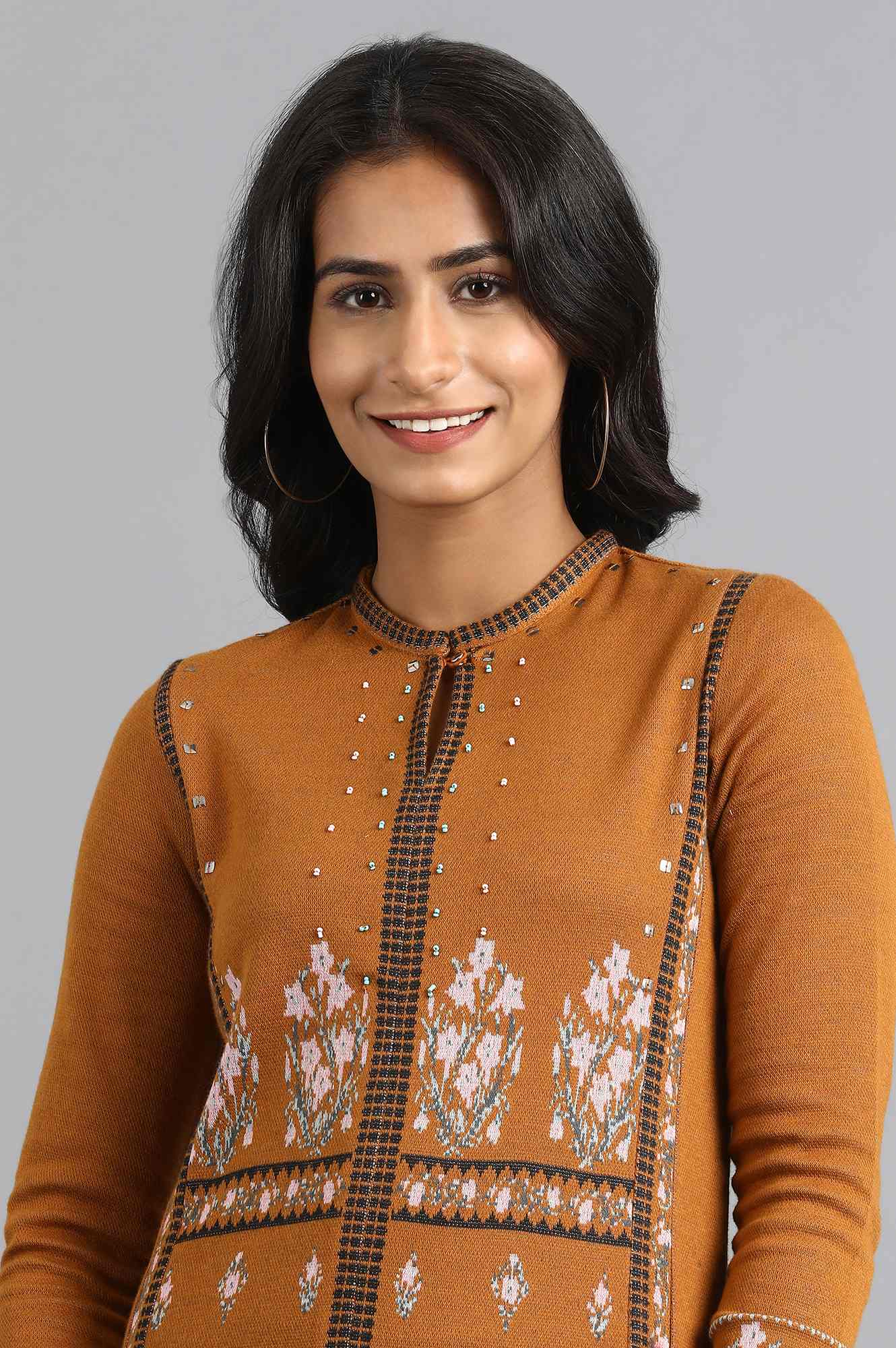 Mustard Mandarin Neck Yarn-dyed Winter kurta