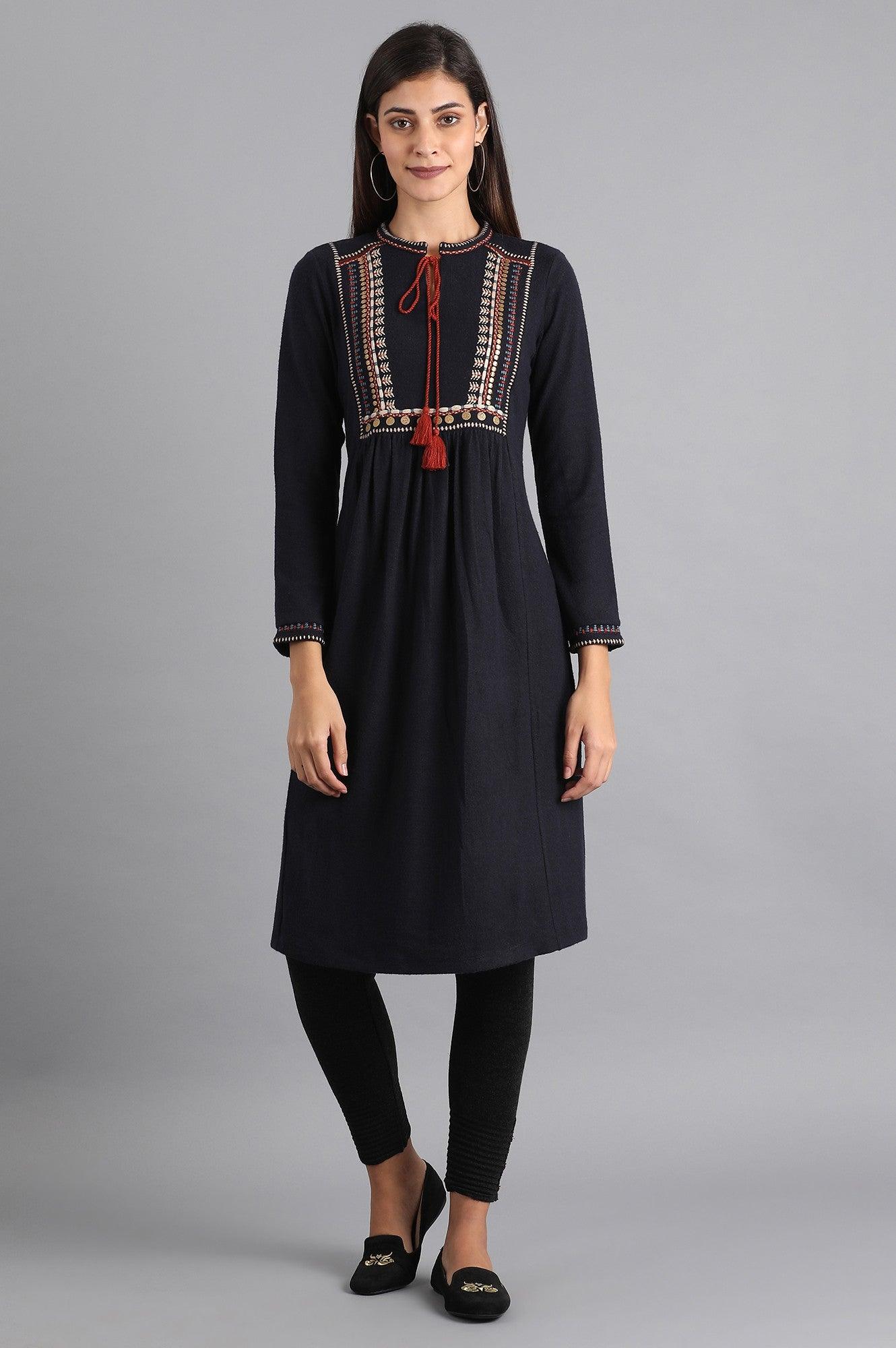 Navy Blue Mandarin Neck Winter kurta - wforwoman