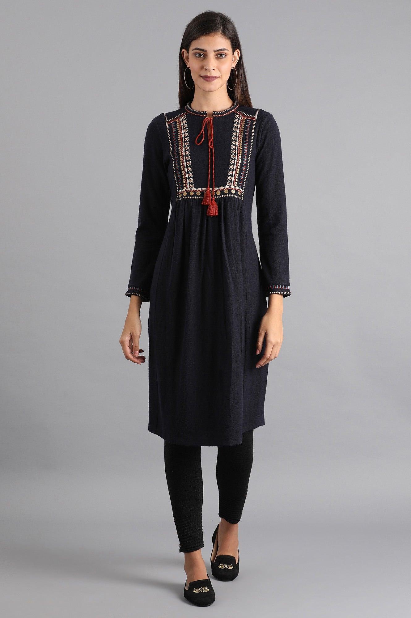 Navy Blue Mandarin Neck Winter kurta - wforwoman