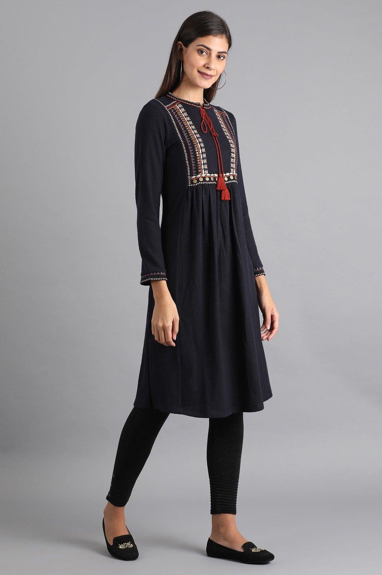 Navy Blue Mandarin Neck Winter kurta - wforwoman