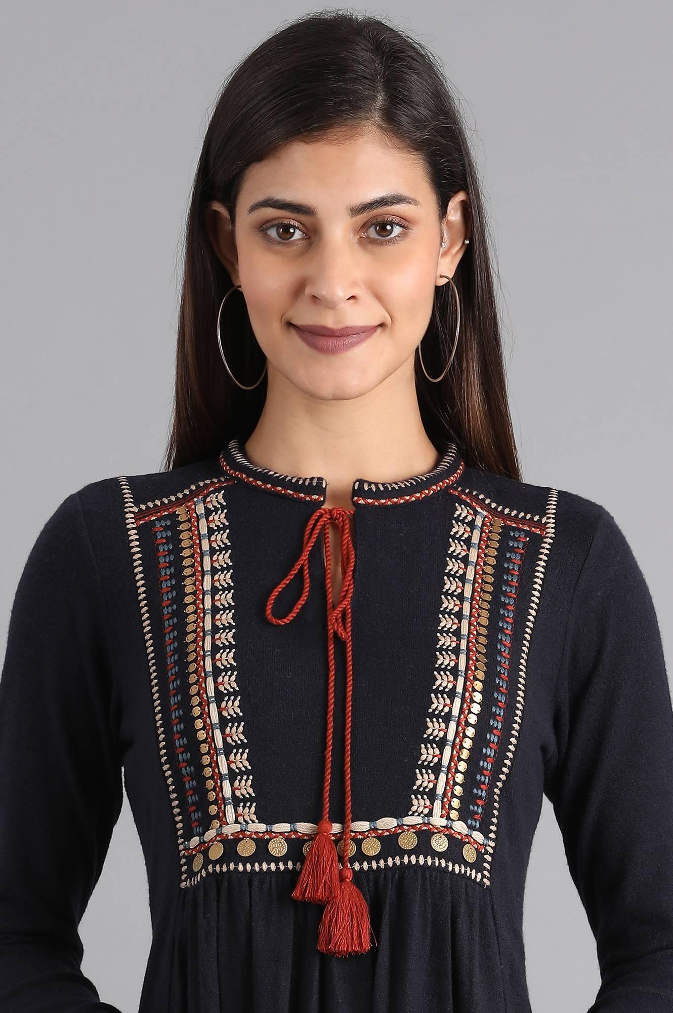 Navy Blue Mandarin Neck Winter kurta - wforwoman
