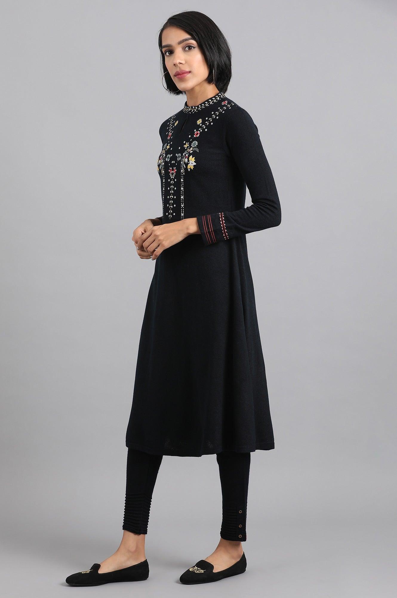 Navy Blue Mandarin Neck Winter kurta - wforwoman