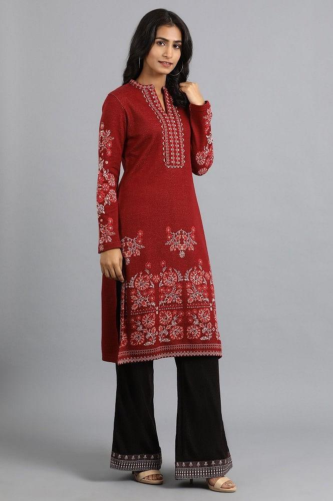 Red Mandarin Neck Winter kurta - wforwoman