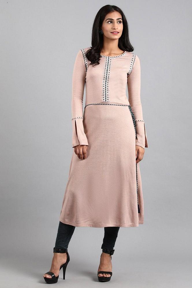 Pink Round Neck Winter kurta - wforwoman