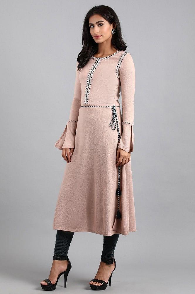 Pink Round Neck Winter kurta - wforwoman