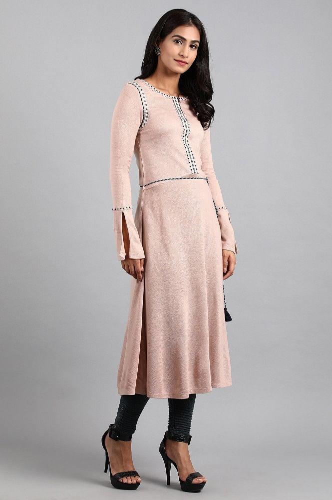 Pink Round Neck Winter kurta - wforwoman