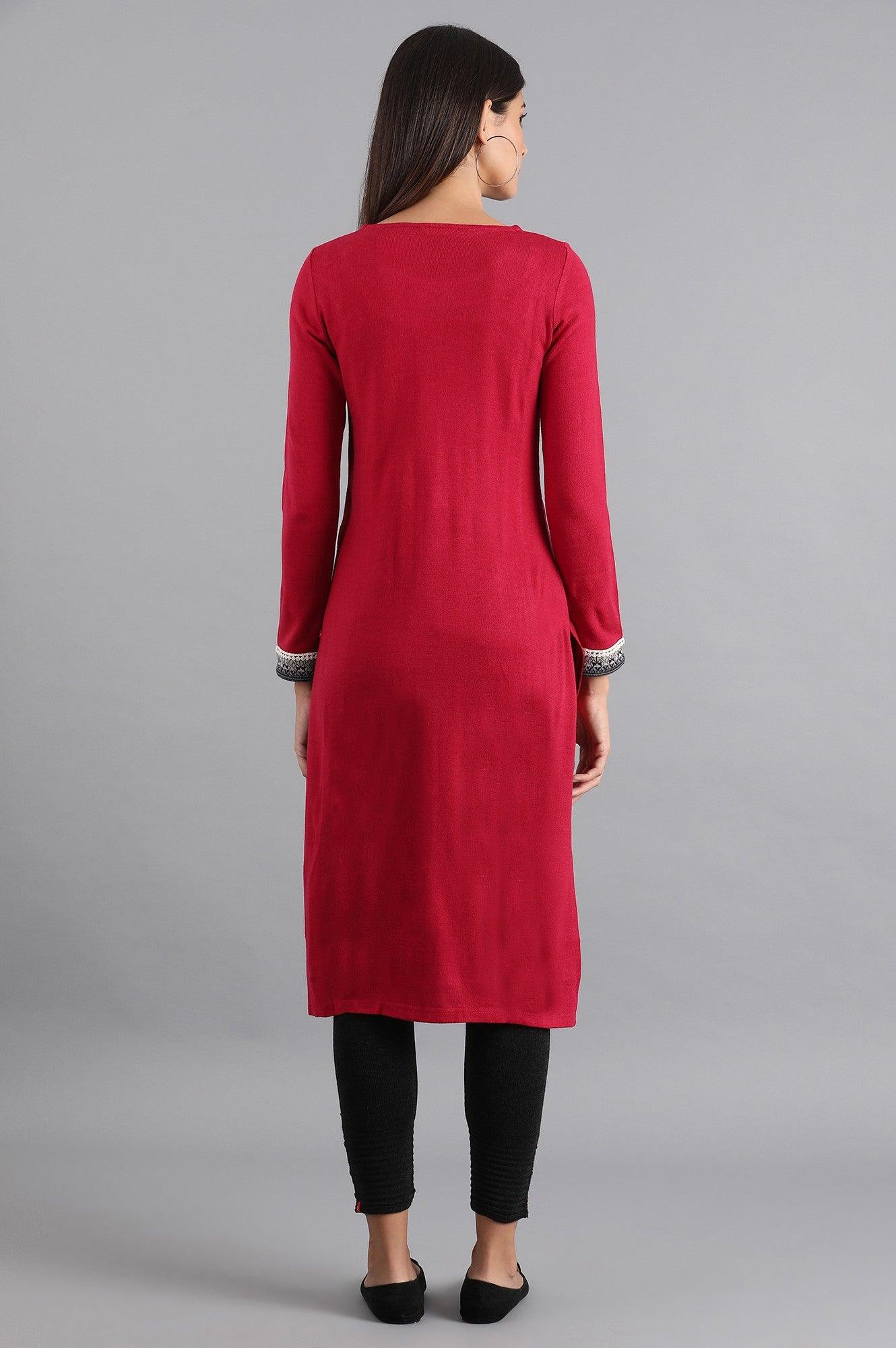 Red Round Neck Winter kurta - wforwoman
