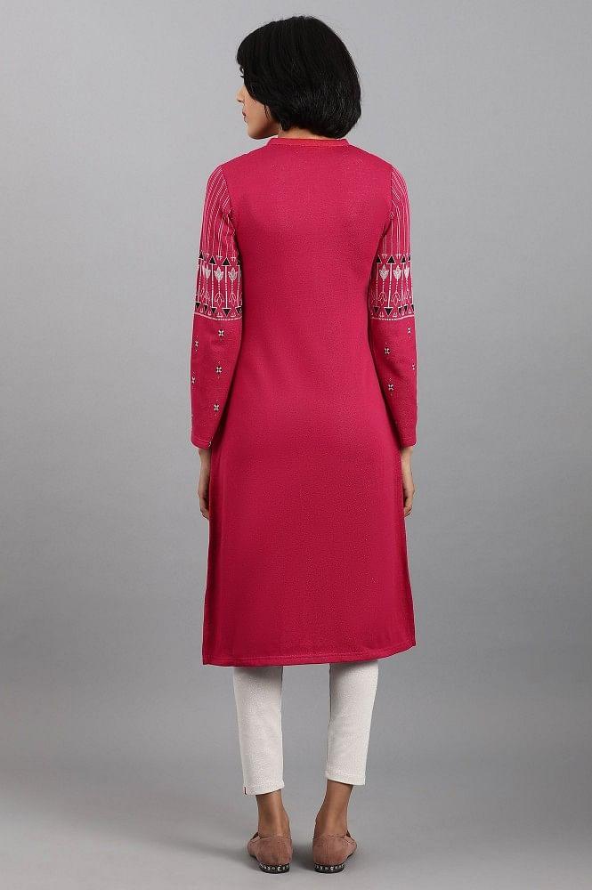 Pink Mandarin Neck Winter kurta - wforwoman