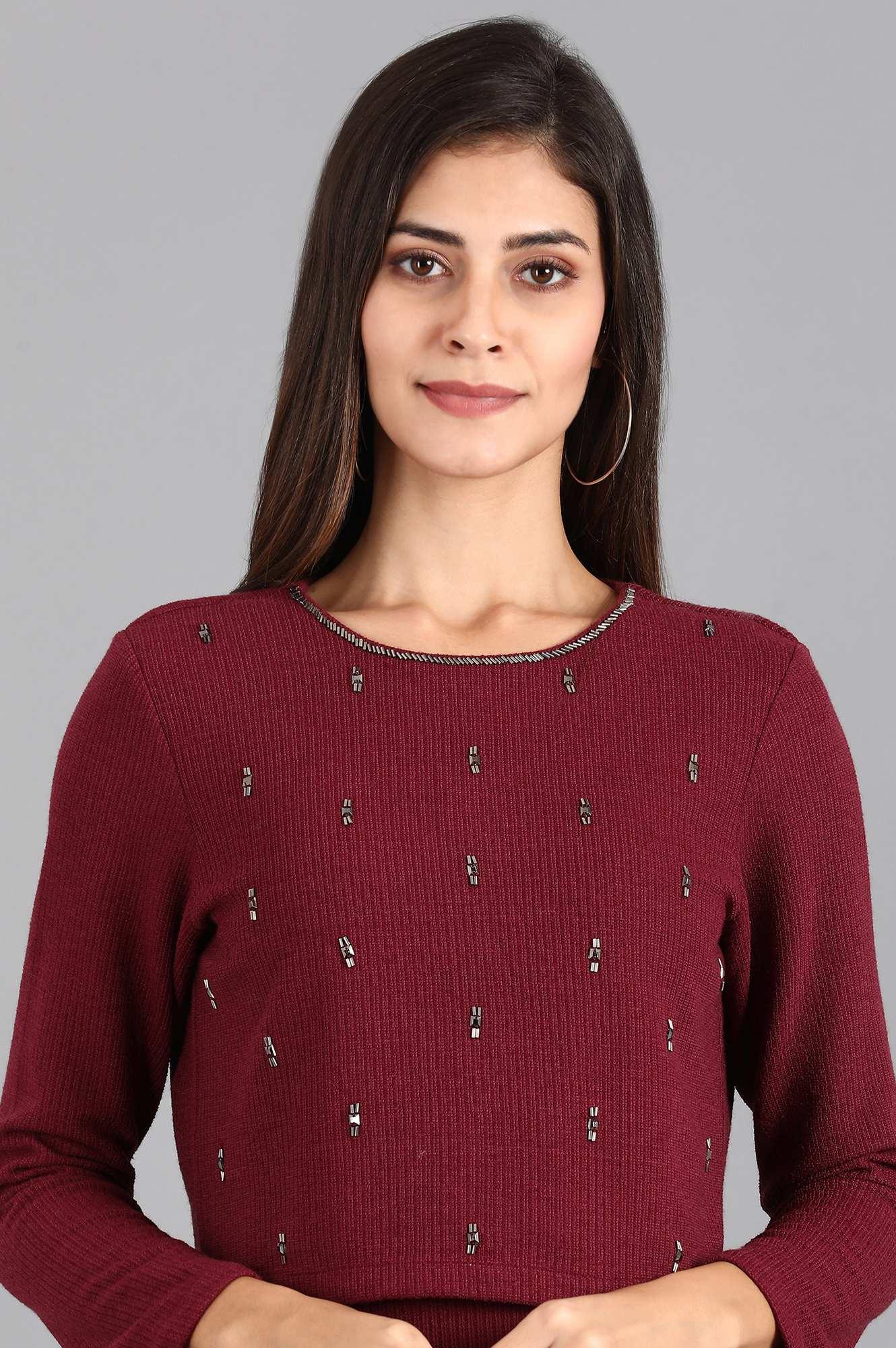 Wine Round Neck Winter kurta - wforwoman