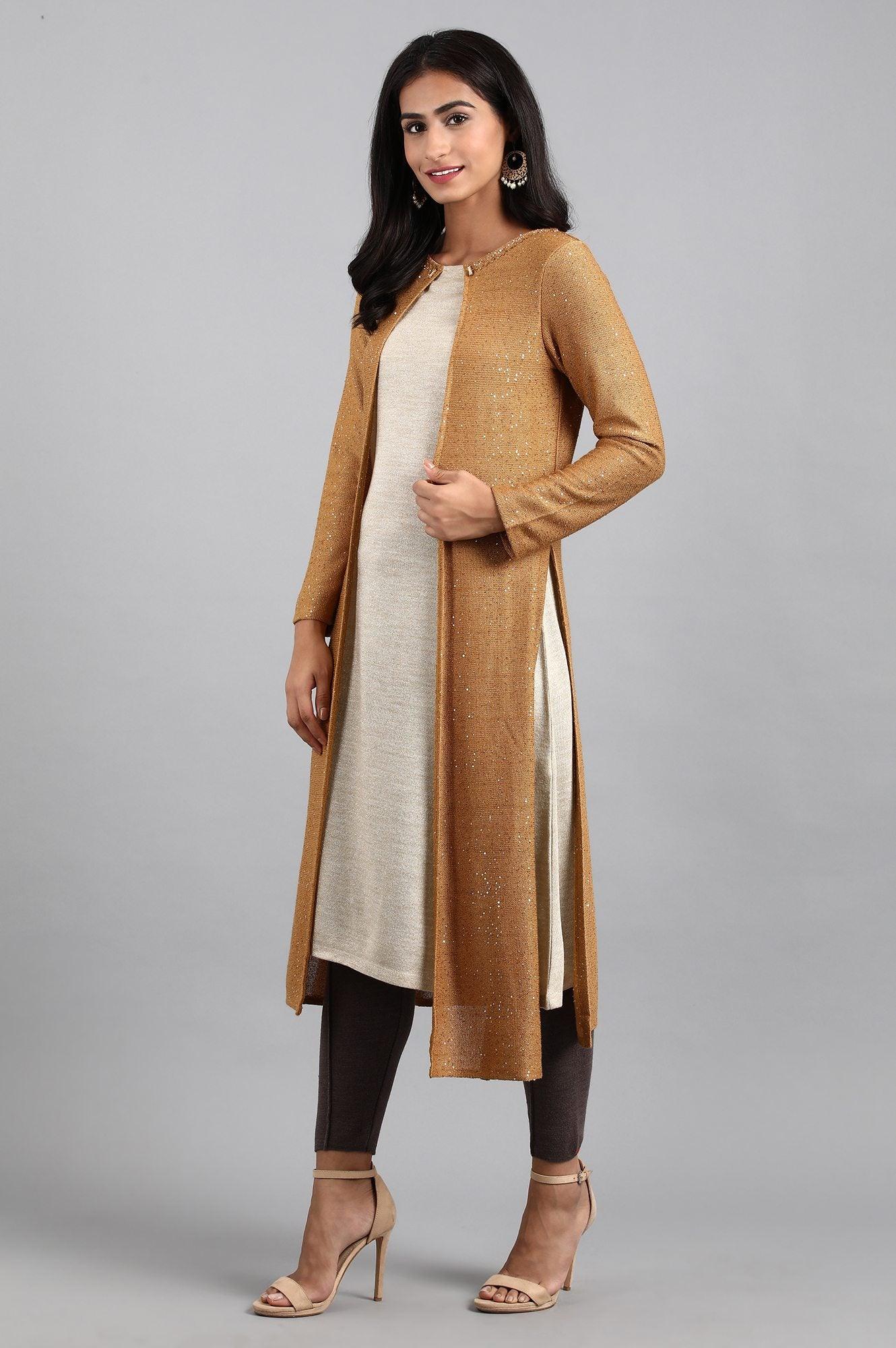 Gold Round Neck Winter kurta - wforwoman