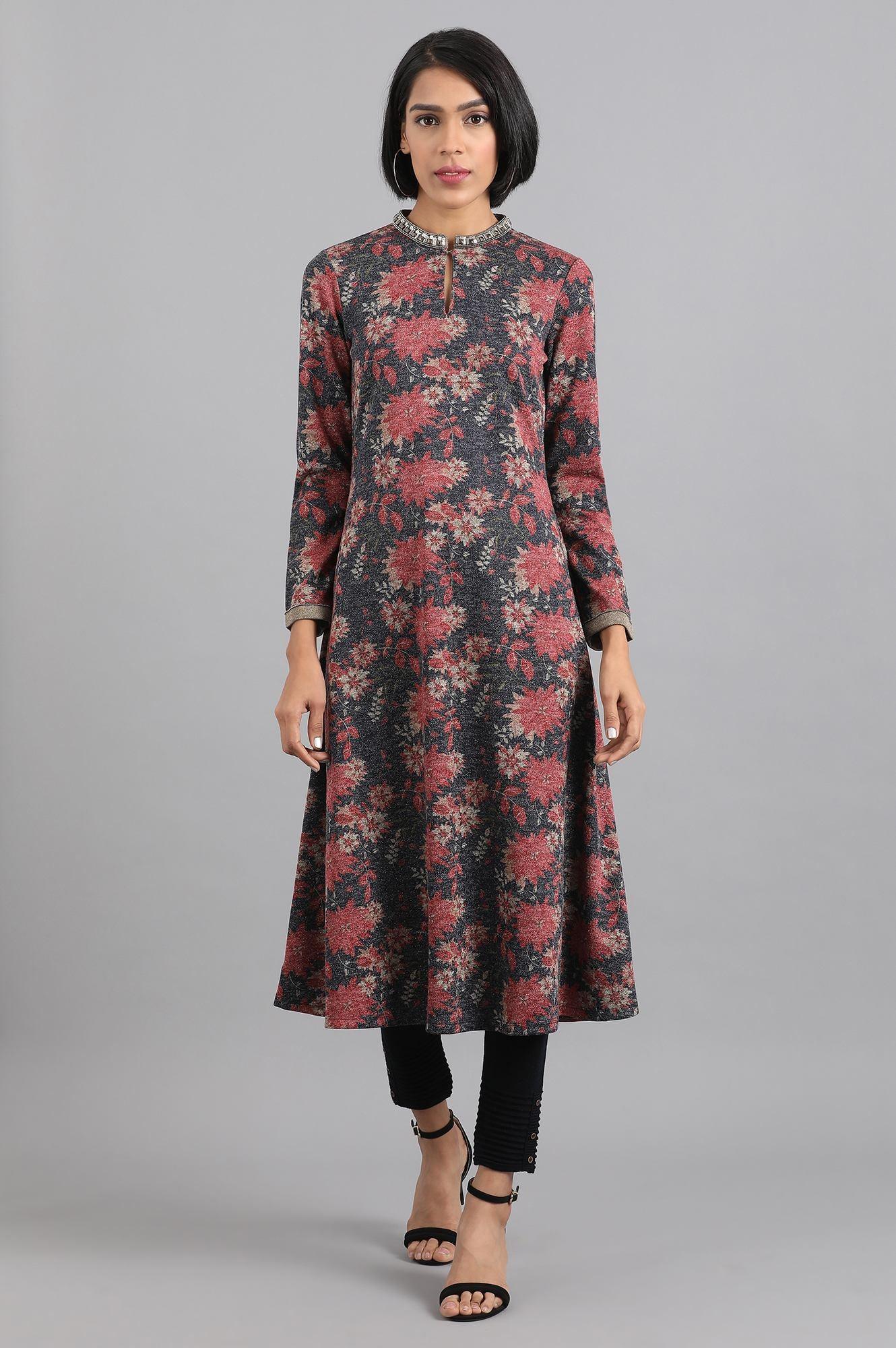 Navy Blue & Red Mandarin Neck Winter kurta - wforwoman