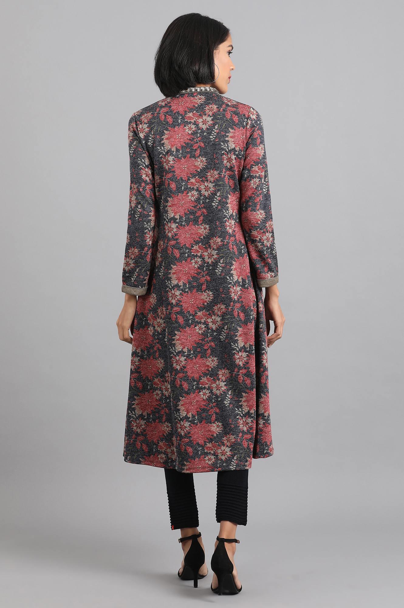 Navy Blue & Red Mandarin Neck Winter kurta - wforwoman