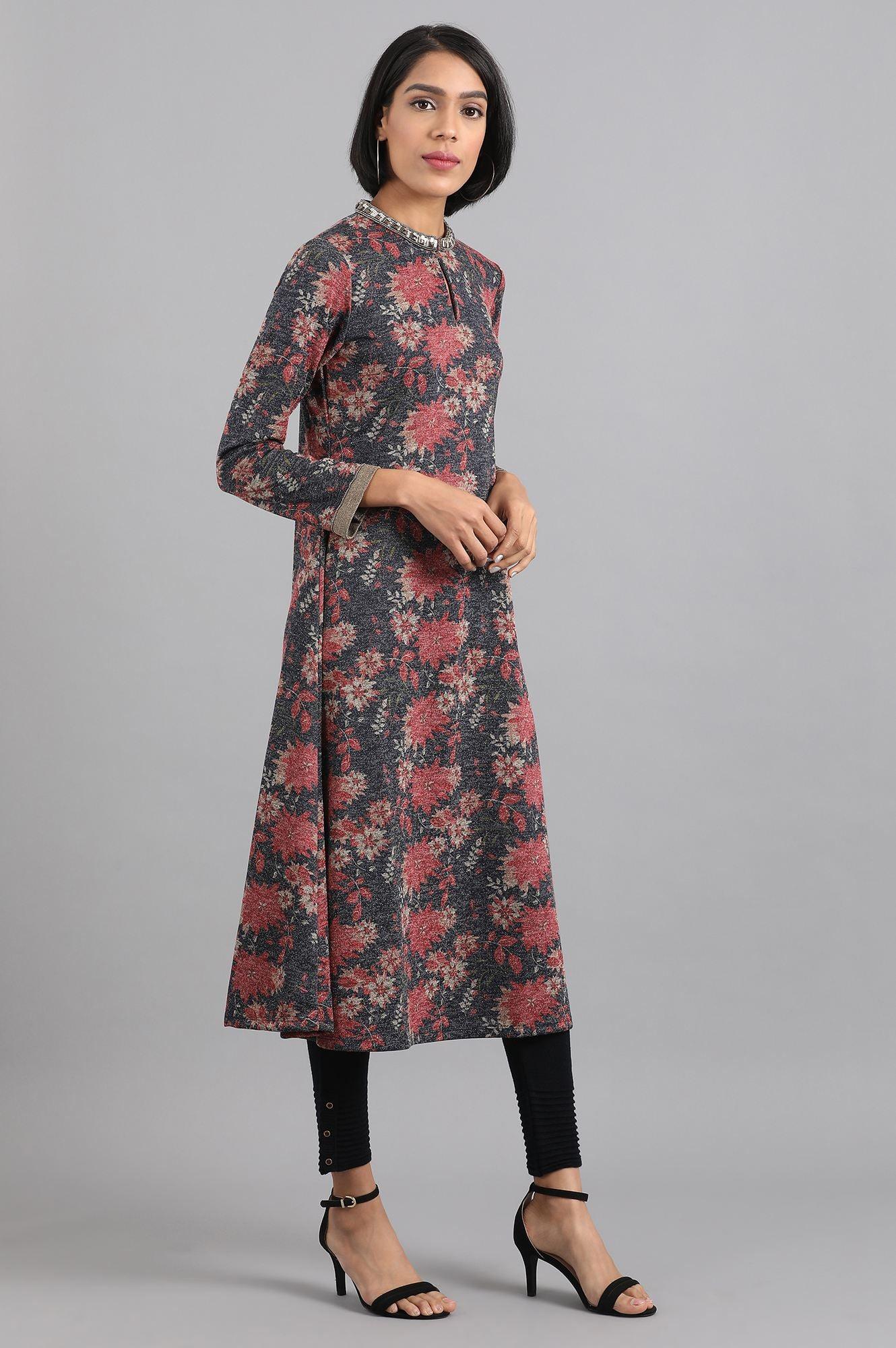Navy Blue & Red Mandarin Neck Winter kurta - wforwoman