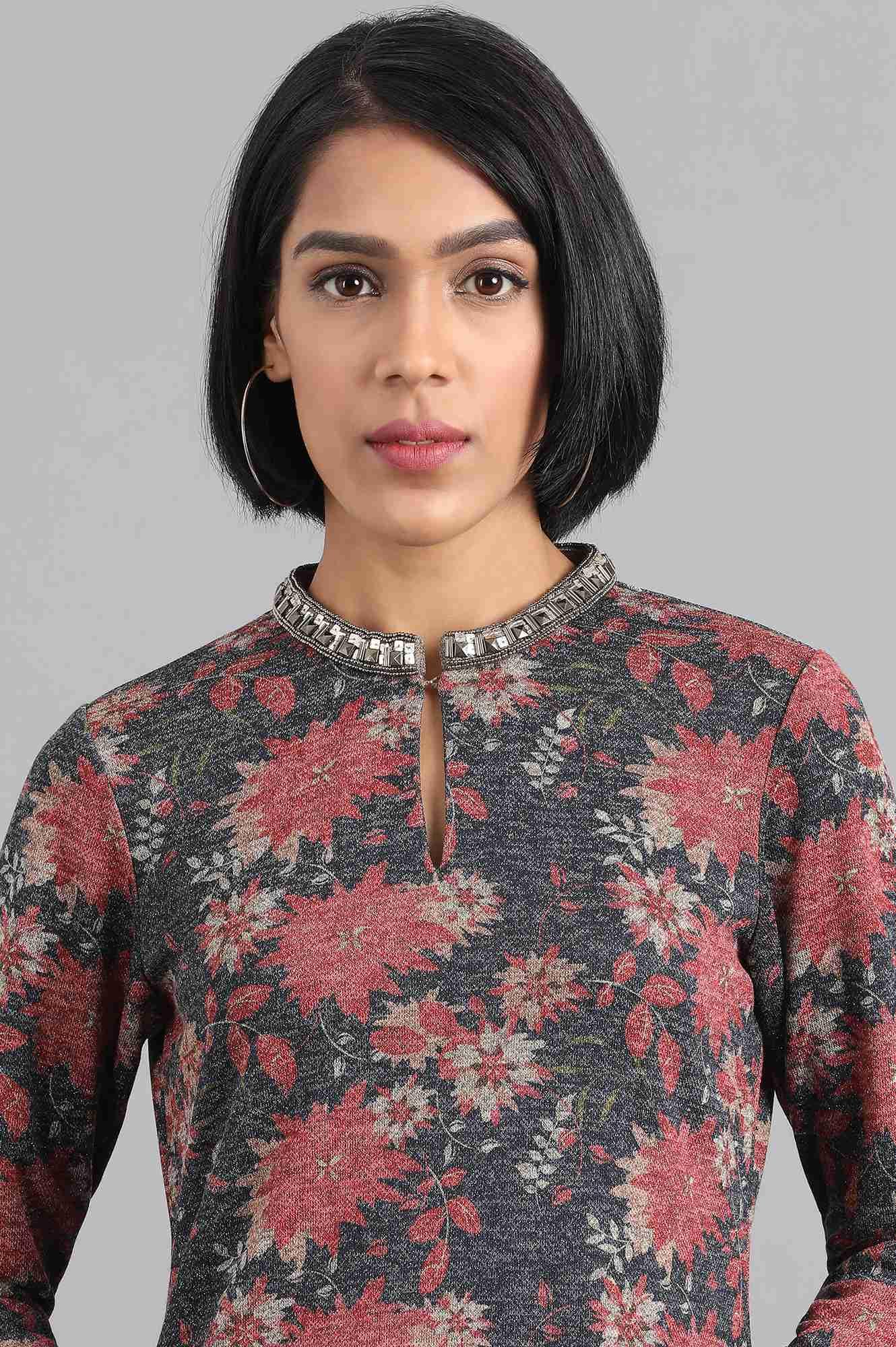 Navy Blue & Red Mandarin Neck Winter kurta - wforwoman