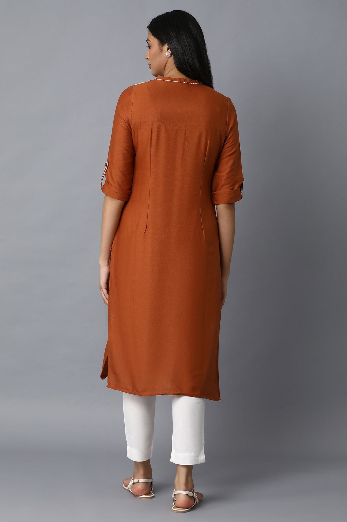 Rust Ikat Printed Embroidered Straight Kurta