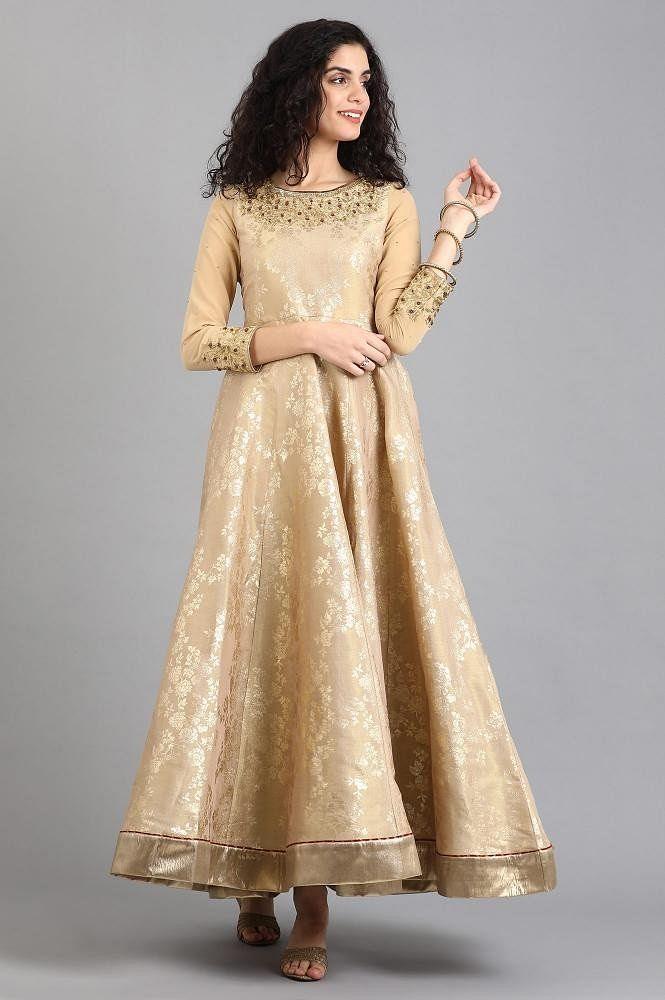 Beige Round Neck Printed Gown - wforwoman