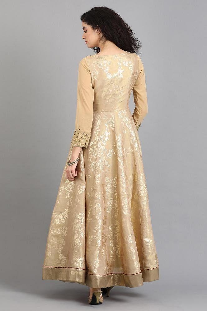 Beige Round Neck Printed Gown - wforwoman
