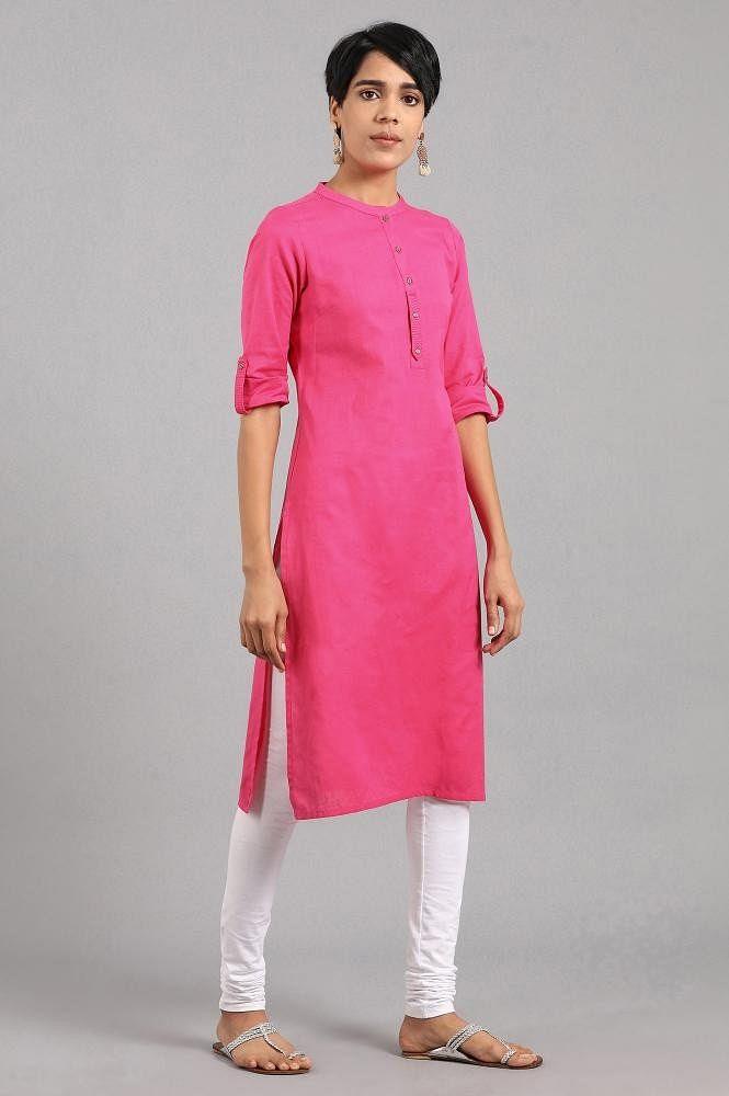 Pink Mandarin Neck Solid kurta - wforwoman