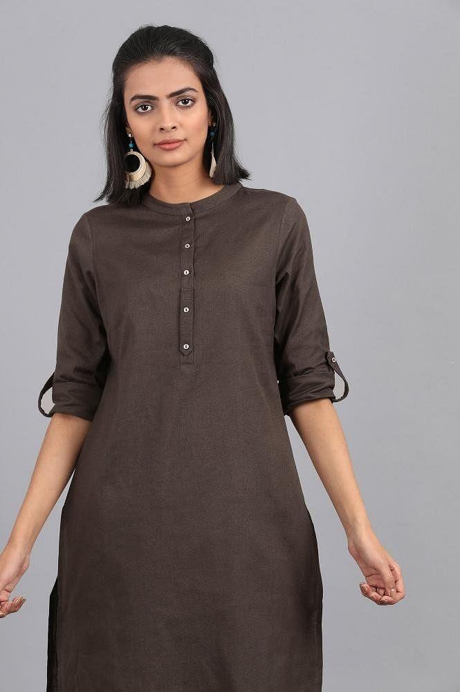 Grey Mandarin Neck Solid kurta - wforwoman