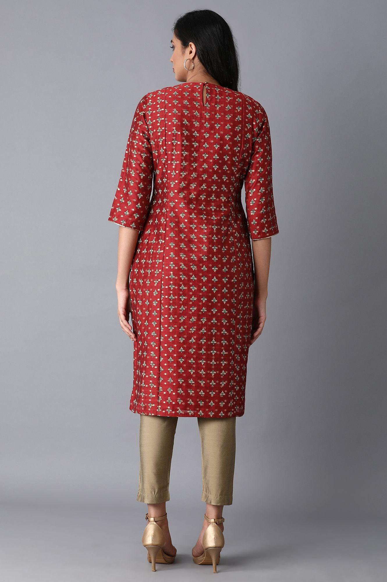 Dark Red Jacquard kurta - wforwoman