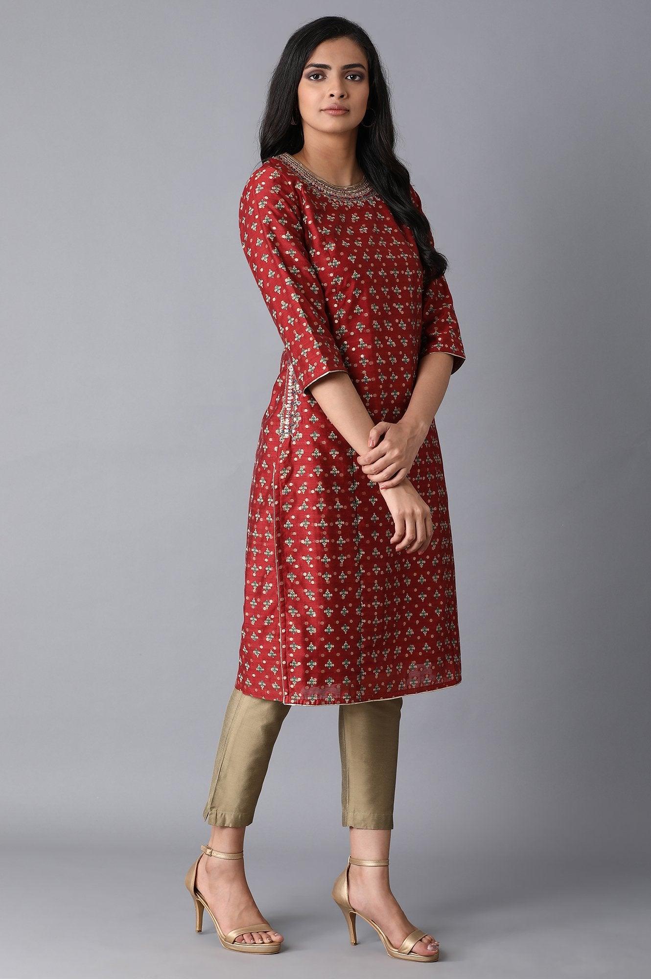 Dark Red Jacquard kurta - wforwoman