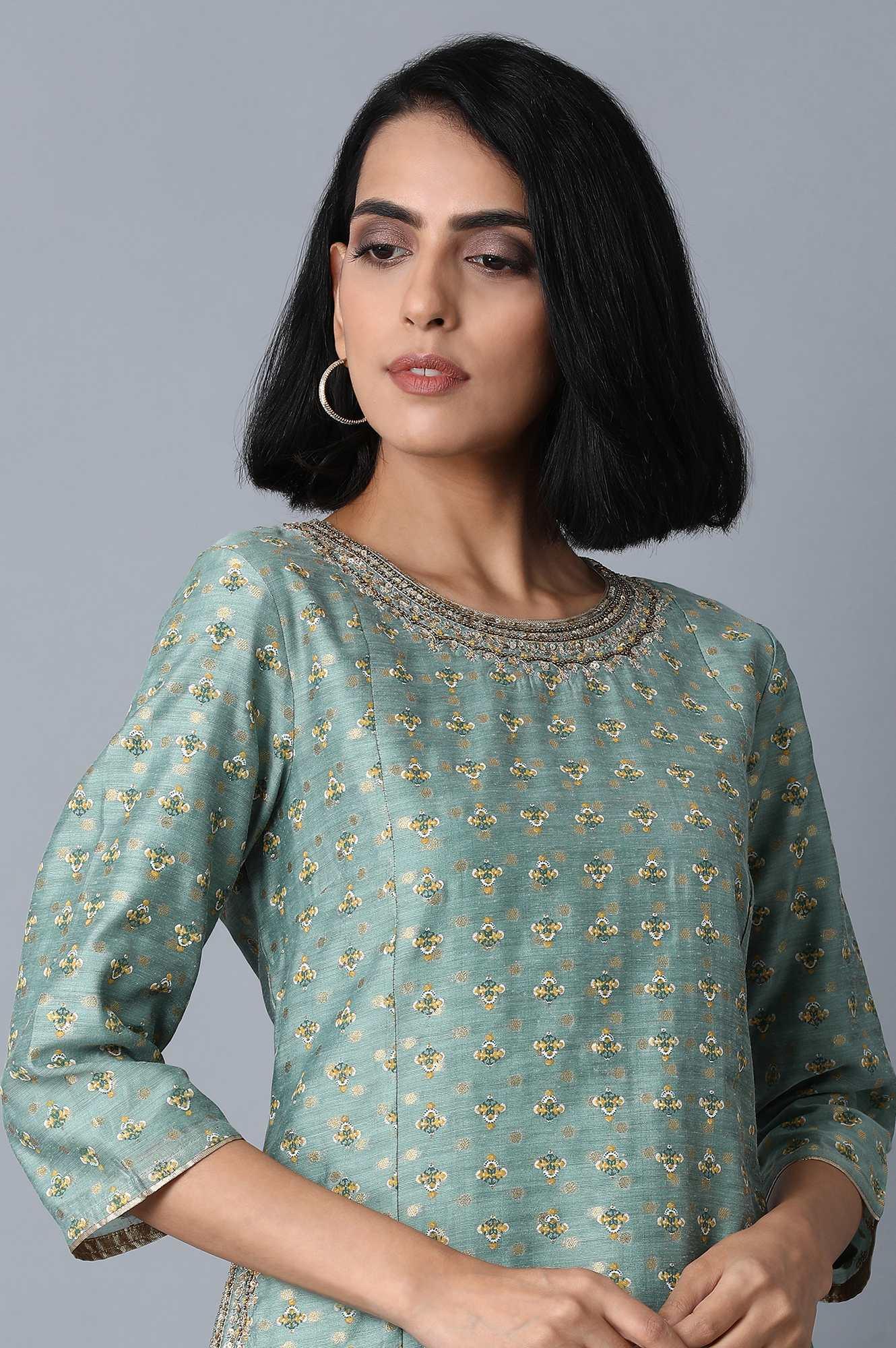 Mint Green Jacquard kurta - wforwoman