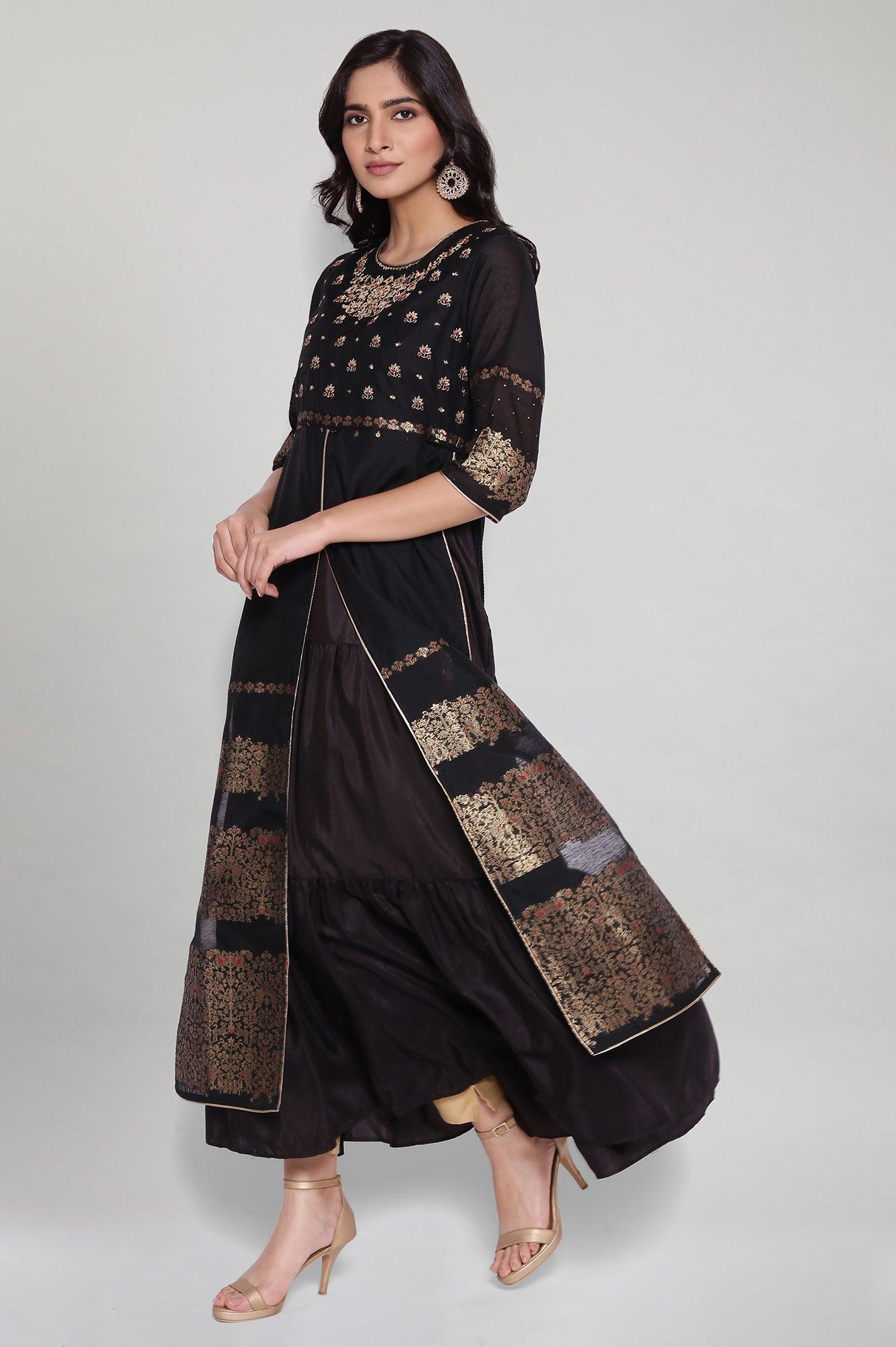 Black Jacquard Mock Layered Dress - wforwoman