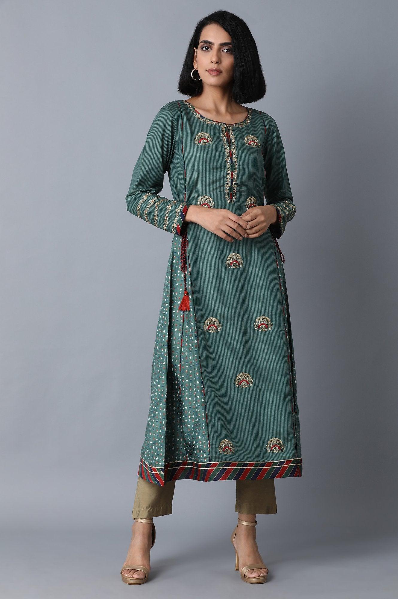 Dark Green Panelled kurta - wforwoman